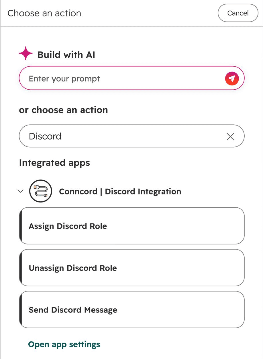 Conncord actions in the HubSpot workflow action list