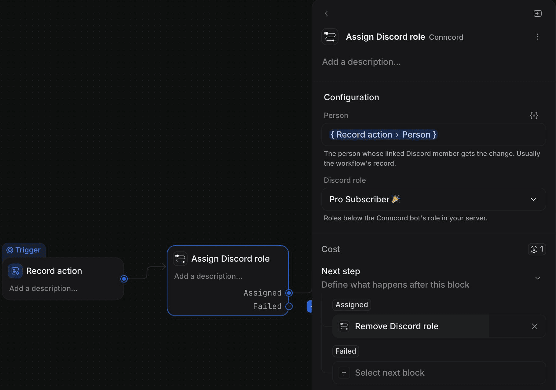 Assign Discord role and Remove Discord role steps in an Attio workflow