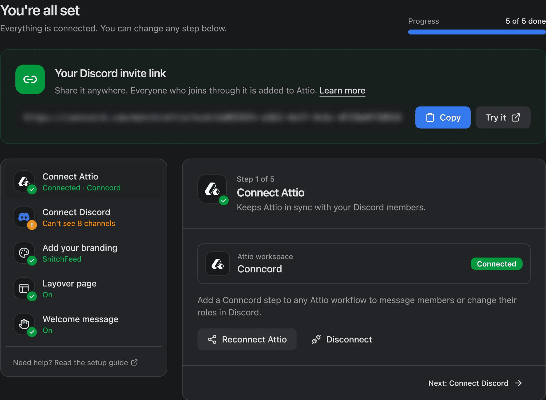 Attio connected in the Conncord dashboard
