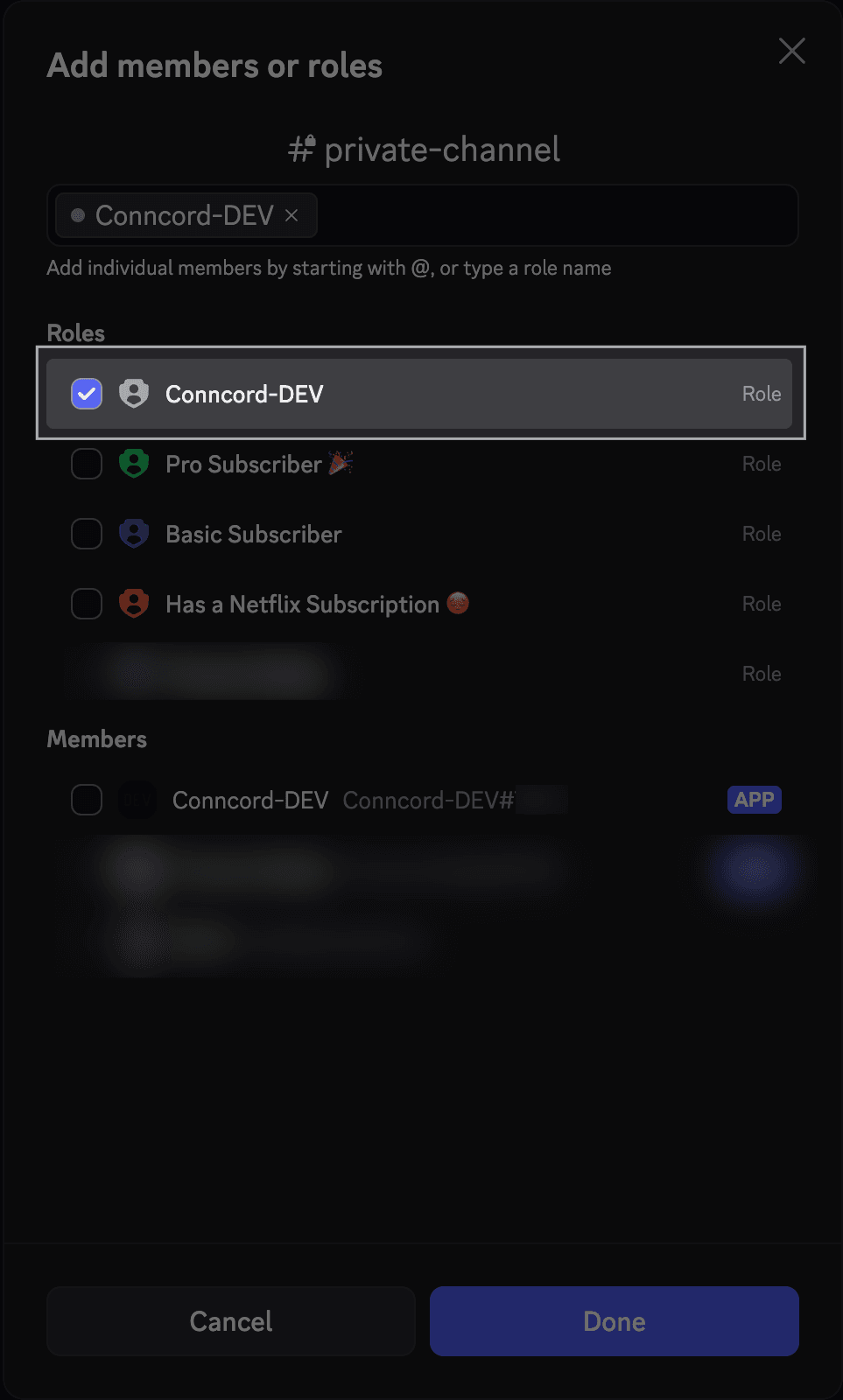 Add the Conncord role to a private channel