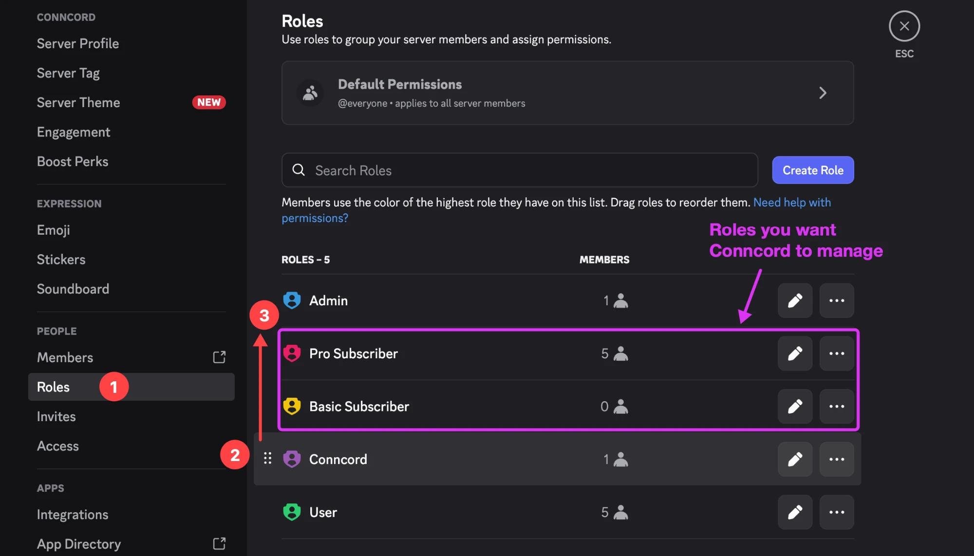Drag the Conncord role above the roles you want it to manage