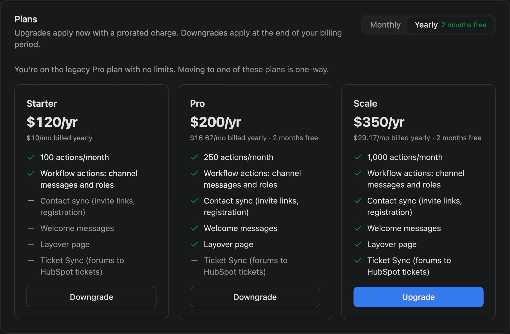 Plans on the billing page