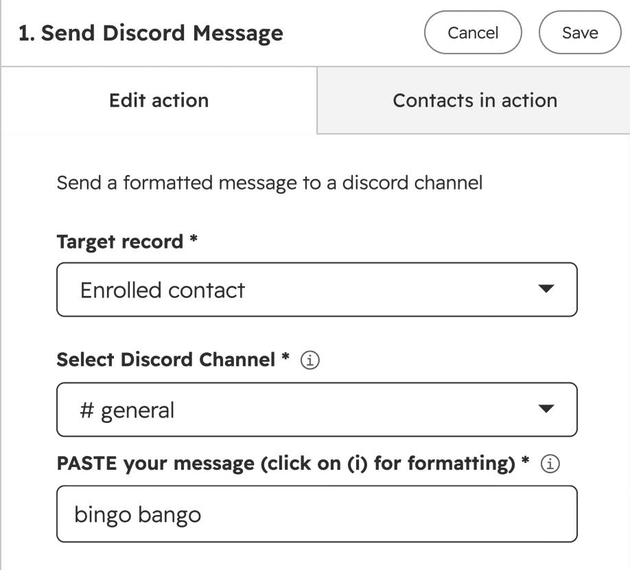 The Send Discord Message action