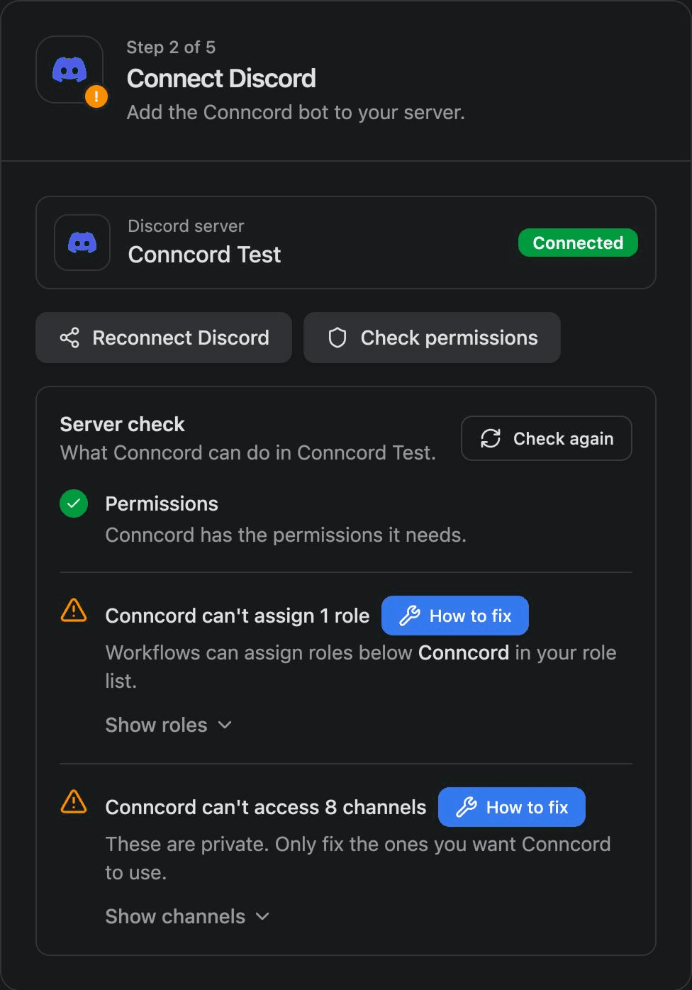 The Server check in the Conncord dashboard