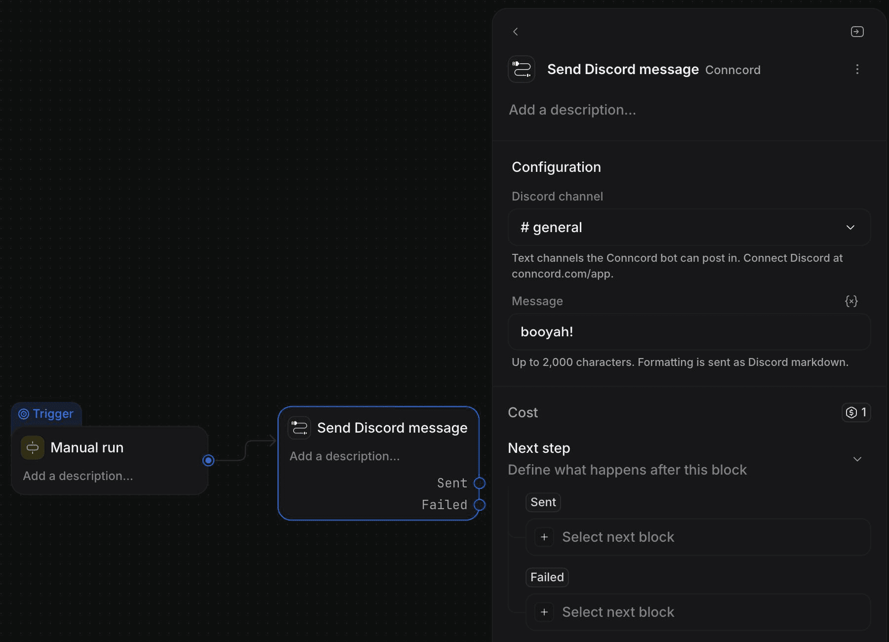 The Send Discord message step in an Attio workflow, with a channel picker and message field