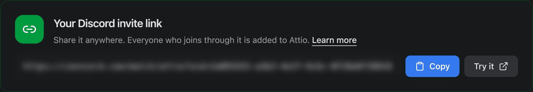 Your Discord invite link card in the Conncord dashboard, with Copy and Try it buttons