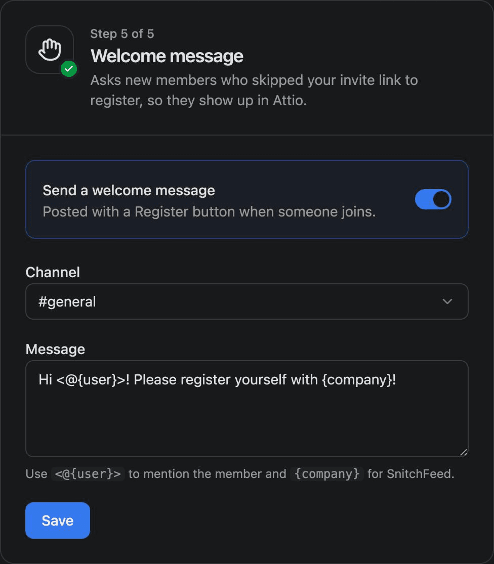 Welcome message settings in the Conncord dashboard: on/off switch, channel and message