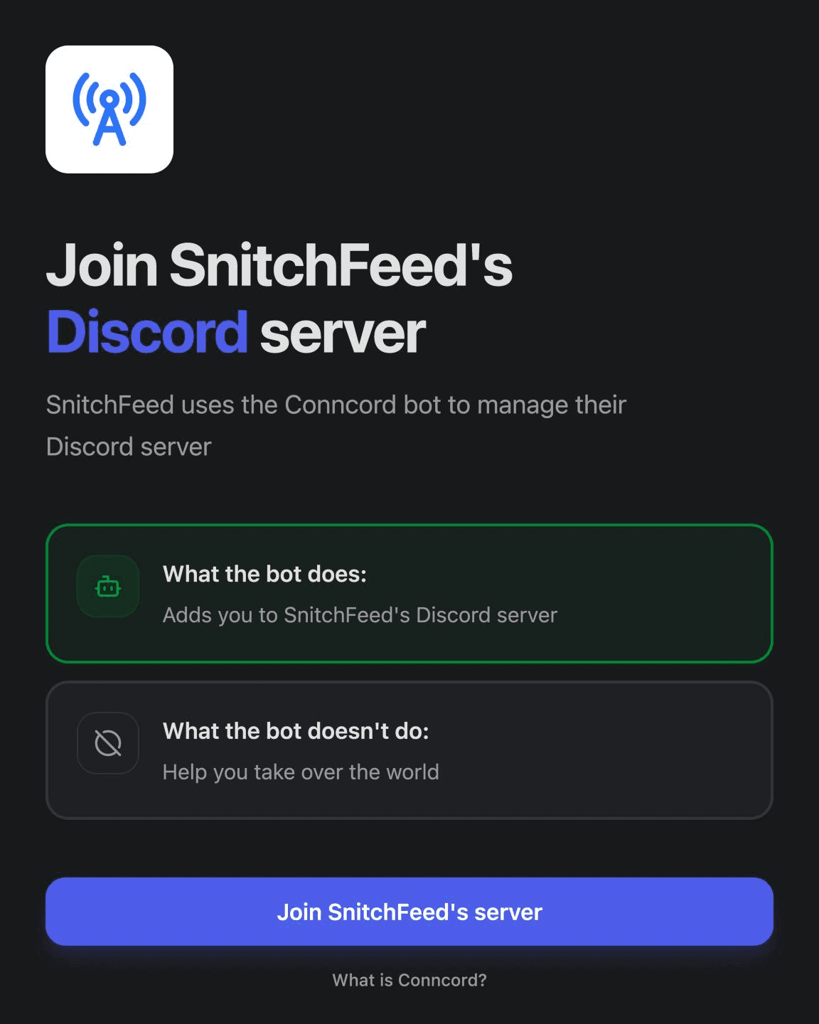 A Layover page: the company logo, Join this company's Discord server, and a join button
