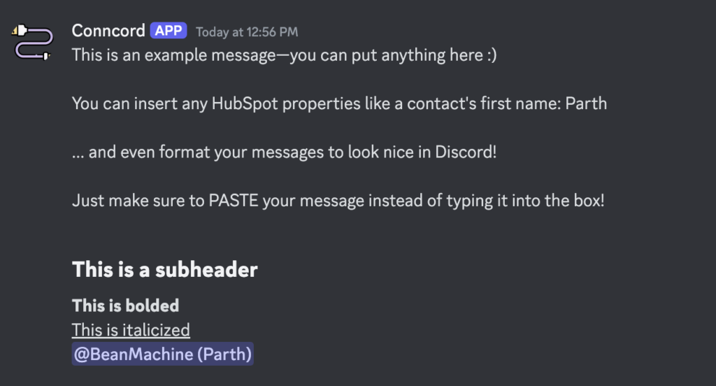 Example discord message sent through HubSpot workflow